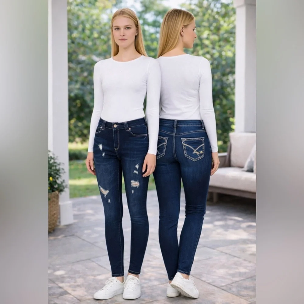 Amethyst Jeans Blue Denim with Plaid Accent